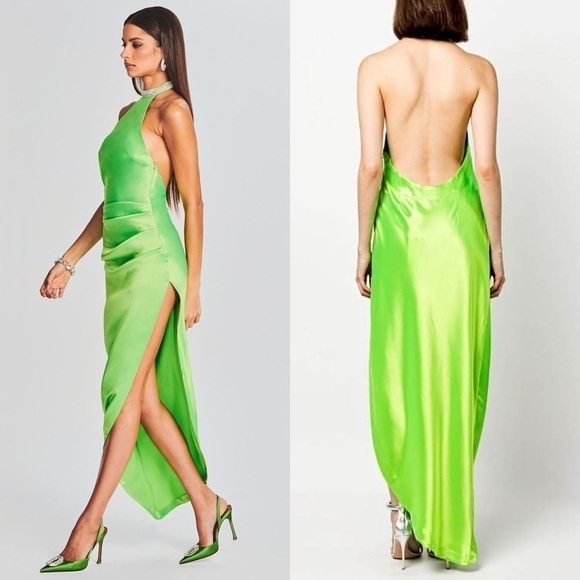 NWT RETROFETE Satin Crystal Choker Halter Sleeveless Ruched Open Back Gown L - Picture 3 of 17